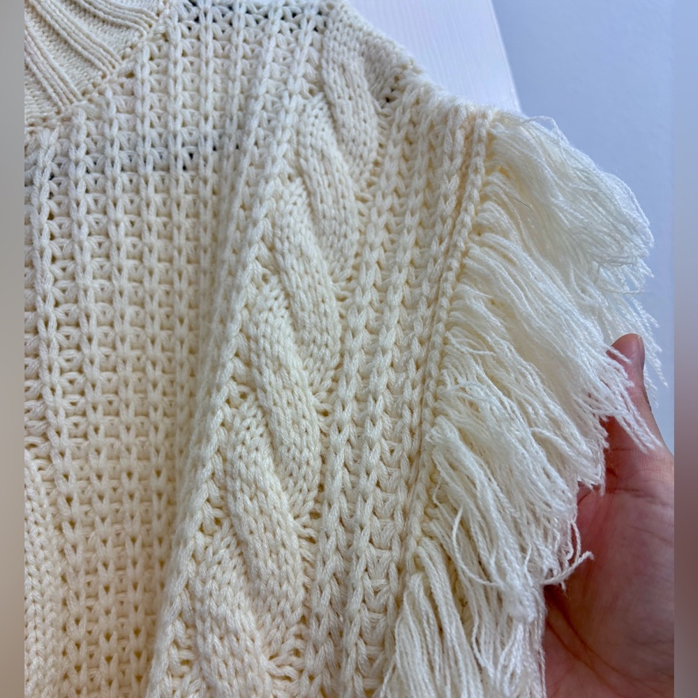 SAGE THE LABEL Fringed Cable-Knit Turtleneck Sweater in Ivory/Cream - Picture 5 of 16
